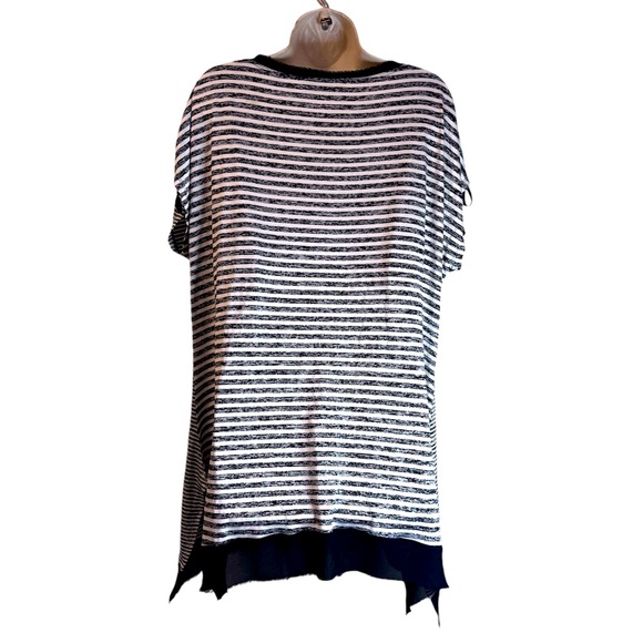 Patrizia Luca Black/White Oversized Striped Top Frayed Lace Neckline & Hem Sz XL - Picture 2 of 8